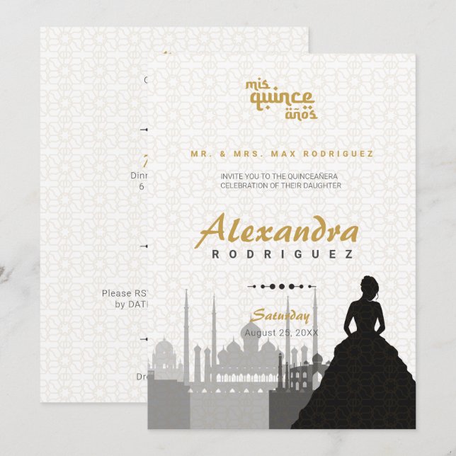 Invitation Photo Black & Gold Arabian Quinceañera (Devant / Derrière)