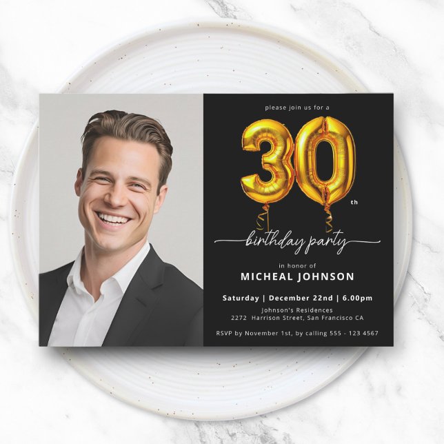 Invitation Photo Black Gold Balloon 30e anniversaire (Photo Black Gold Balloon 30th Birthday Invitation)