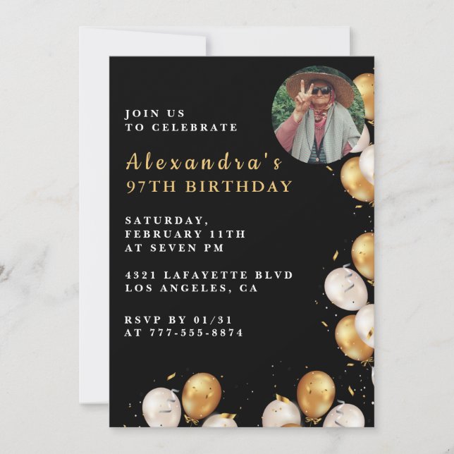 Invitation Photo Black Gold Balloon 97e anniversaire (Devant)
