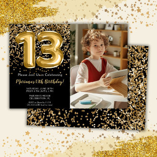 Invitation Photo Black Gold Enfants Fille 13e anniversaire fê