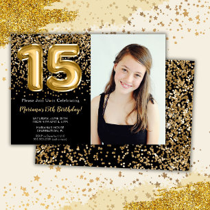 Invitation Photo Black Gold Enfants Fille 15e anniversaire fê