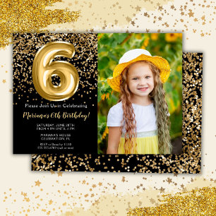 Invitation Photo Black Gold Enfants Fille 6e fête d'anniversa