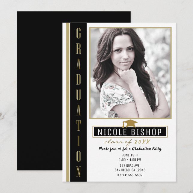 Invitation Photo Black Gold White Graduation Party (Devant / Derrière)