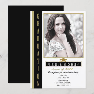 Invitation Photo Black Gold White Graduation Party