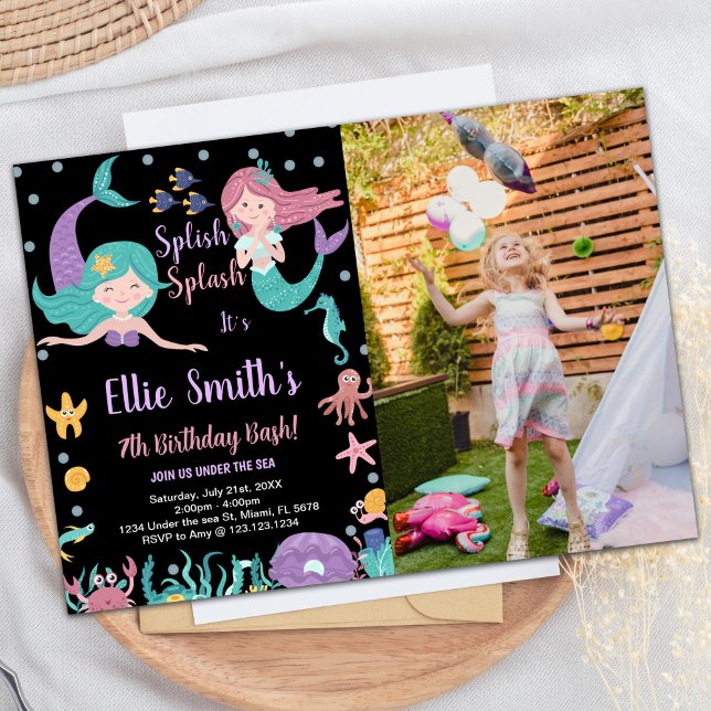 Invitation Photo Black Mermaids Under the sea Anniversaire (Photo Black Mermaids Under the sea Birthday Invitation)