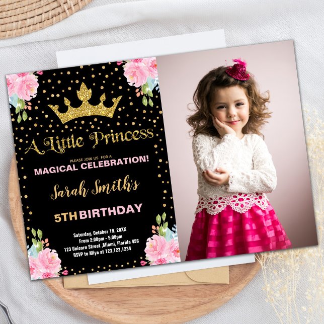 Invitation Photo Black Parties scintillant Couronne Princesse (Photo Black Glitter Crown Princess Birthday Invitation)