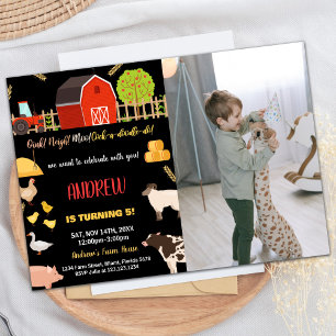 Invitation Photo Black Red Green Farm Animaux Anniversaire