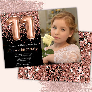 Invitation Photo Black Rose Gold Parties scintillant 11e anni