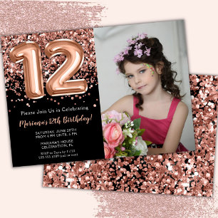 Invitation Photo Black Rose Gold Parties scintillant 12e anni