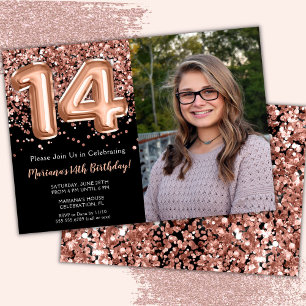 Invitation Photo Black Rose Gold Parties scintillant 14e fête