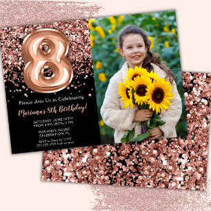 Invitation Photo Black Rose Gold Parties scintillant 8e anniv