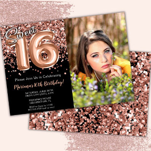 Invitation Photo Black Rose Gold Sweet 16e fête d'anniversair