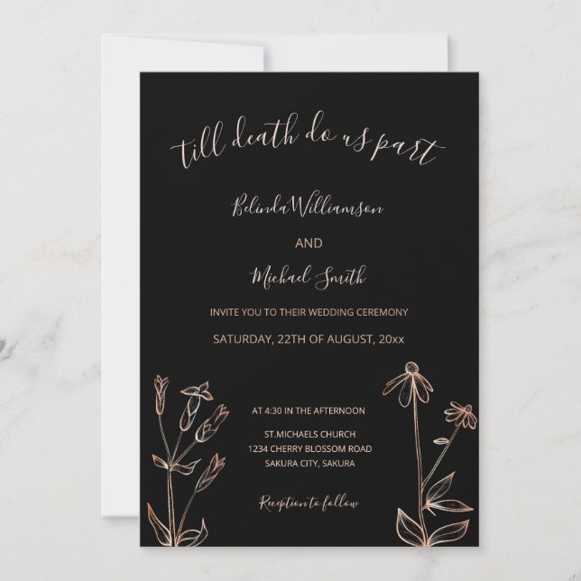 Invitation PHOTO | Black Rose Gold Wildflower | Goth Wedding  (Devant)