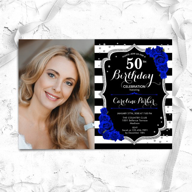 Invitation Photo Black Silver Royal Blue 50e anniversaire (Créateur téléchargé)