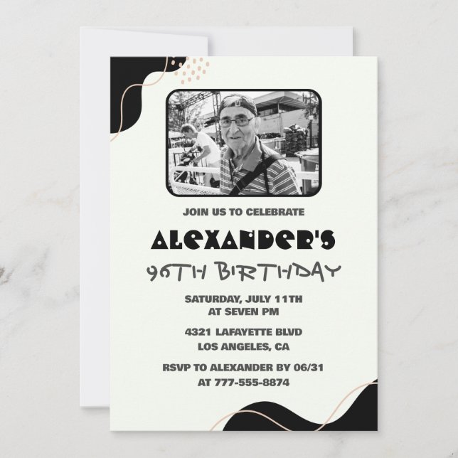 Invitation Photo Black White Men 96e anniversaire (Devant)