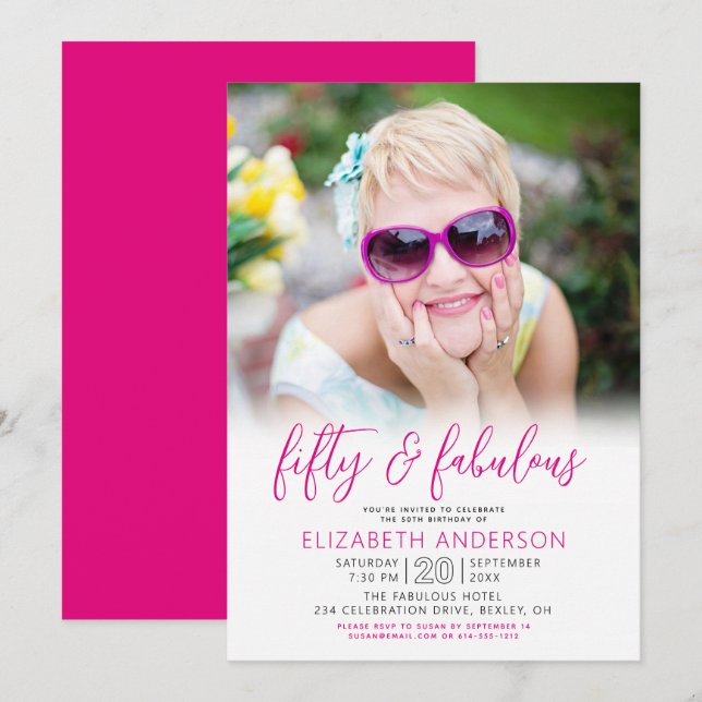 Invitation Photo Black White Pink 50 Fabulous Birthday Modern (Devant / Derrière)