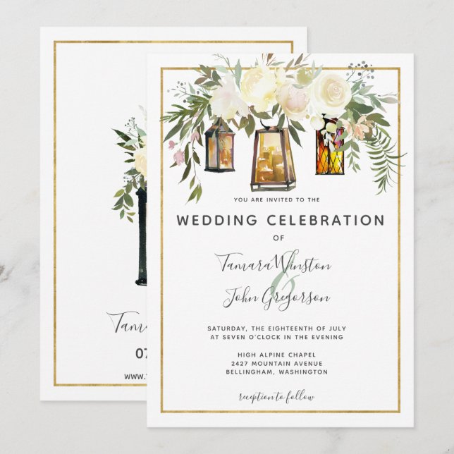 Invitation Photo Blanc Floral Rustic Lanterns Mariage (Devant / Derrière)
