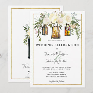 Invitation Photo Blanc Floral Rustic Lanterns Mariage