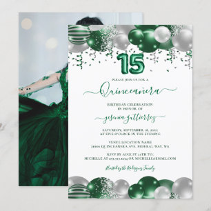 Invitation Photo blanc vert étincelle du ballon Quinceañera