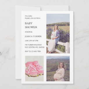 Invitation Photo blanche moderne Collage Baby shower fille