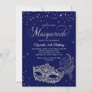 Invitation Photo Bleu Argent Paillettes Mascarade Anniversair