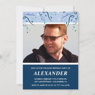 Invitation Photo bleu marine moderne homme 62e anniversaire