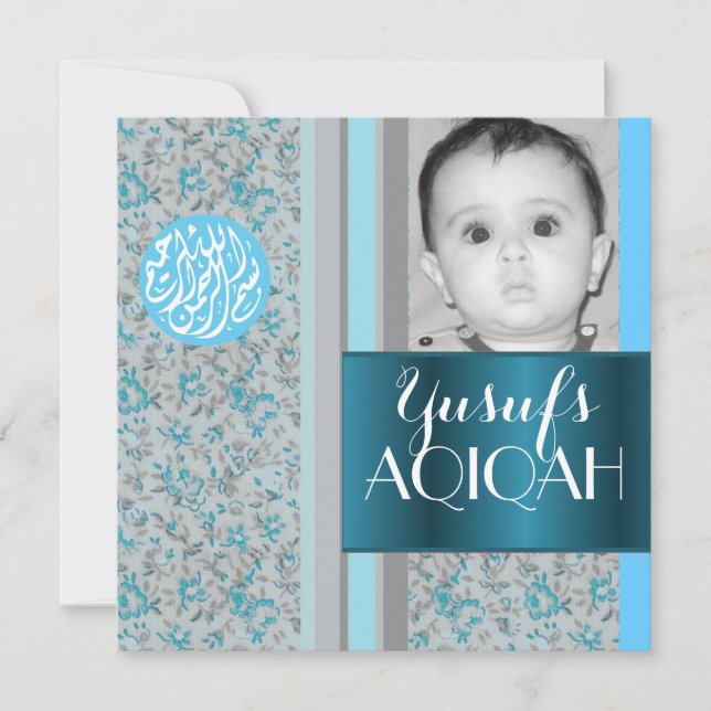 Invitation Photo bleue d'aqiqah de bébé musulman (Devant)