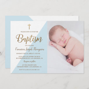 Invitation Photo bleue de bébé de baptême d'or blanc
