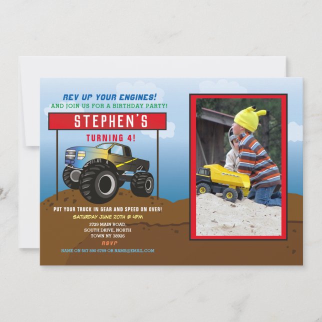 Invitation Photo Bleue du Big Monster du Camion d'anniversair (Devant)