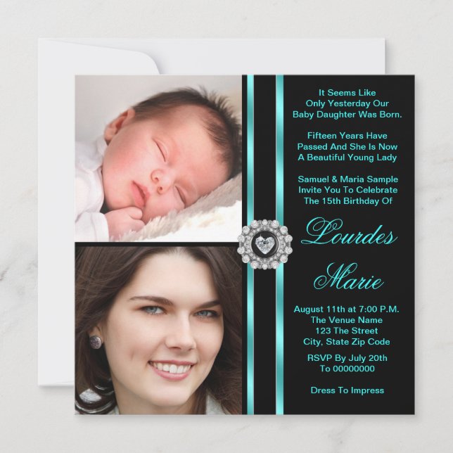Invitation Photo bleue turquoise Quinceanera (Devant)