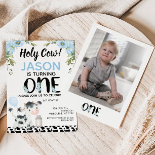 Invitation Photo Blue Floral Holy Cow Cow Imprimer 1er annive
