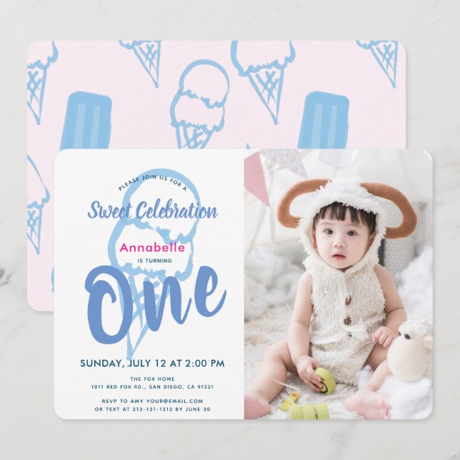 Invitation Photo Blue Ice CreamGirl 1er anniversaire (Devant / Derrière)