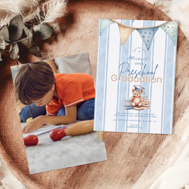 Invitation Photo Blue Preschool Teddy Bear Graduation (Créateur téléchargé)