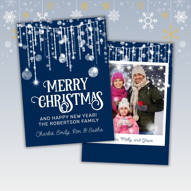 Invitation Photo Blue White String Lights Christmas Card (Créateur téléchargé)