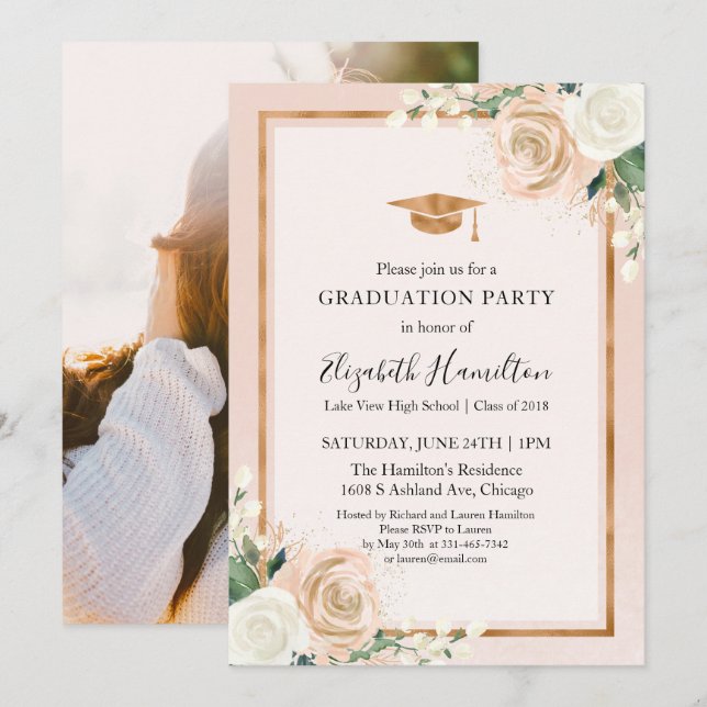 Invitation Photo Blush & Rose Gold Floral Graduation Party (Devant / Derrière)