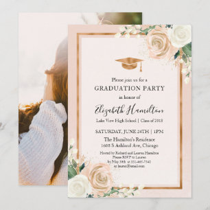Invitation Photo Blush & Rose Gold Floral Graduation Party