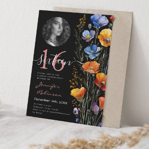 Invitation PHOTO Boho Aquarelle Fleur sauvage Sweet 16 Noir