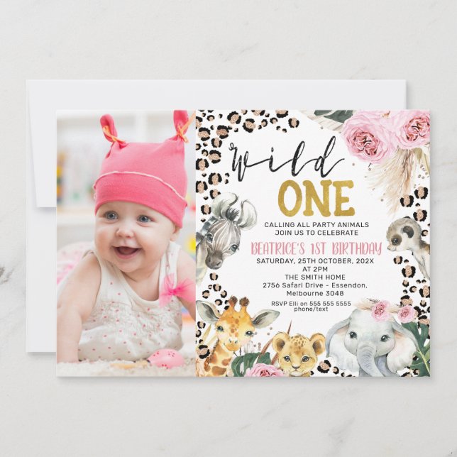 Invitation Photo Boho Floral Safari Wild Un 1er anniversaire (Devant)