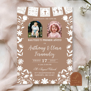 Invitation Photo Boho Marron Cielito Lindo Jumeaux Baptême