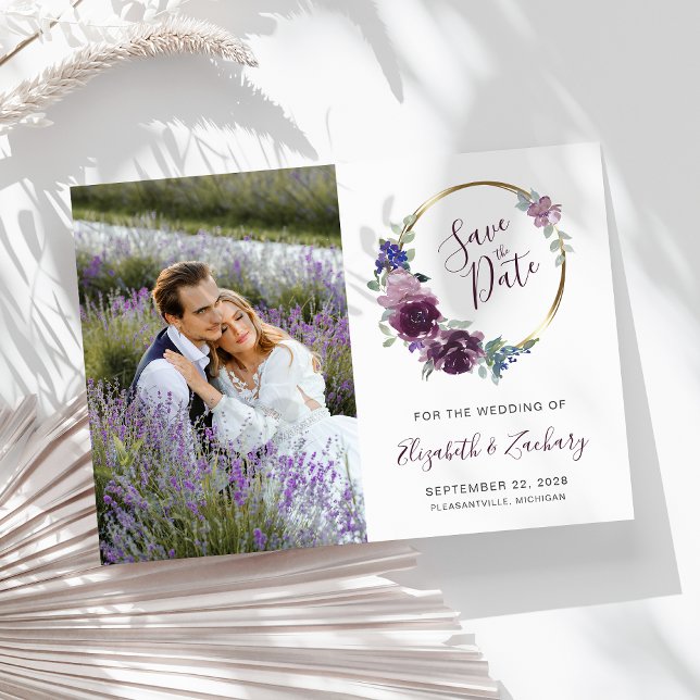 Invitation Photo Boho Purple Floral Gold Frame Enregistrer la (Créateur téléchargé)