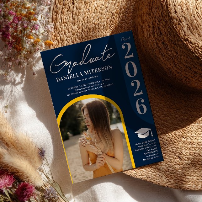 Invitation Photo bold 2024 arche bleu foncé graduation (Photo bold 2026 arch dark blue graduation invitation)