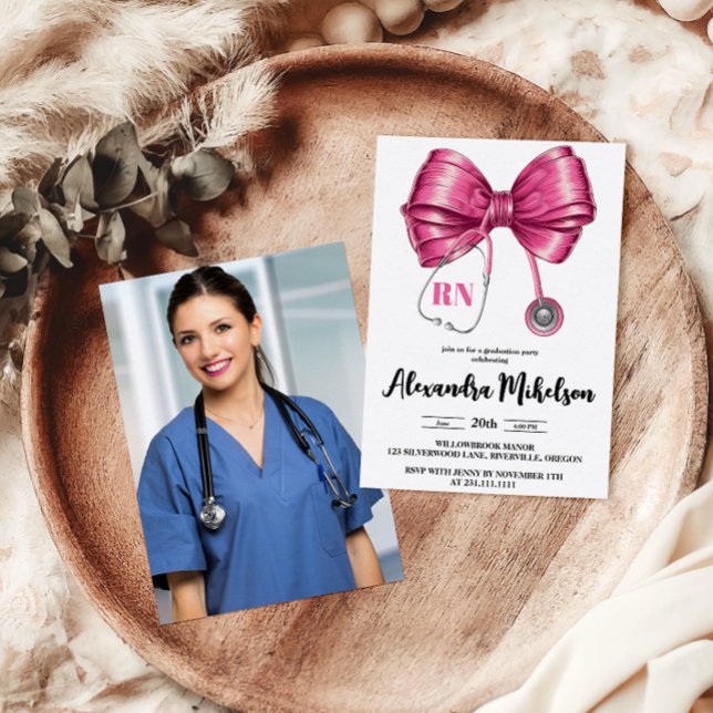 Invitation Photo Bow Stethoscope Nurse School Graduate (Créateur téléchargé)