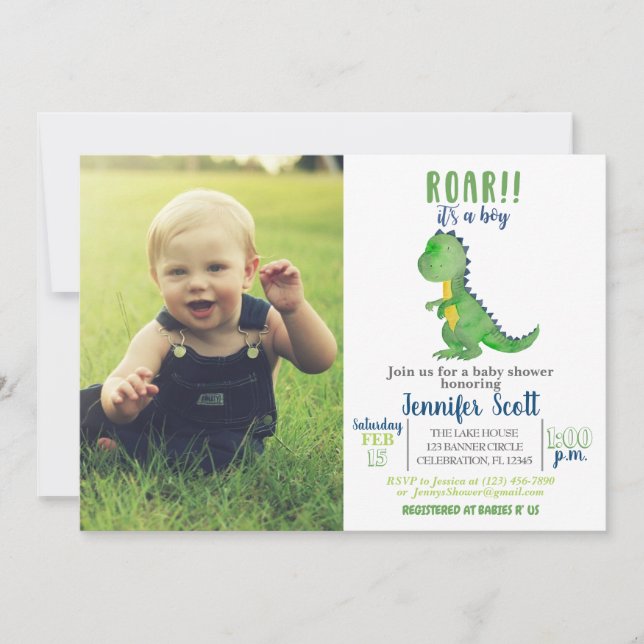 Invitation photo Boy Baby shower Watercolor Dinosa (Devant)