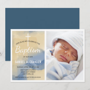 Invitation Photo Boy Baptême, Aquarelle Bleu et Or