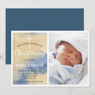 Invitation Photo Boy Christening, Aquarelle Bleu et Or