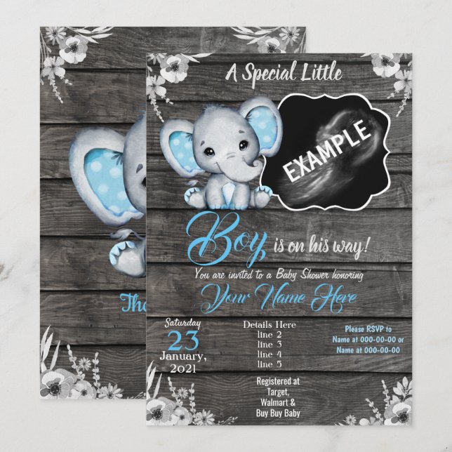 Invitation photo Boy Elephant Ultrasound Bleu (Devant / Derrière)