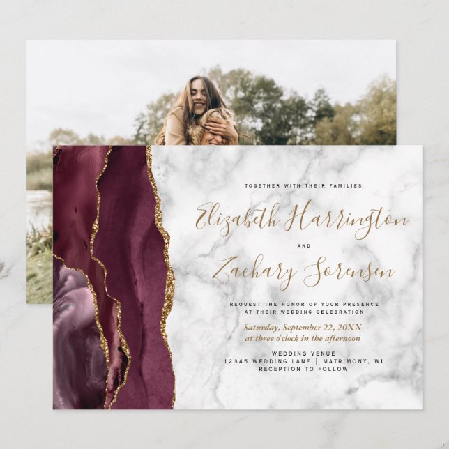 Invitation Photo Burgundy Gold Agate Mariage en marbre (Devant / Derrière)