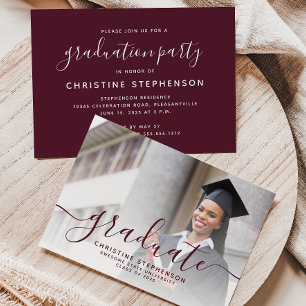 Invitation Photo Burgundy Script Graduation Party 2025