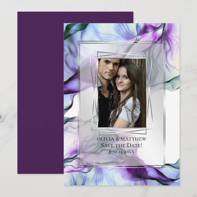 Invitation Photo Cadres d'argent Abstrait Plum Encre Turquois (Devant / Derrière)