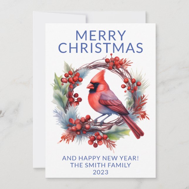 Invitation Photo Cardinal Wreath Blue Holiday Card (Devant)